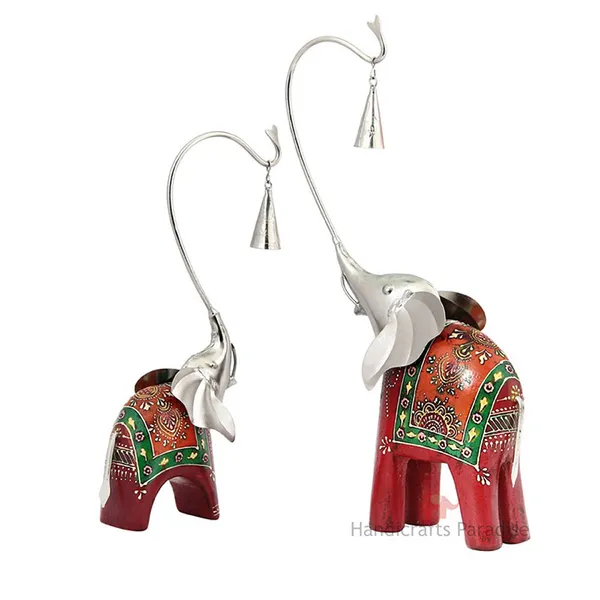 Maroon_Wooden_And_Metal_Elephant_Decorative_Showpiece_With_Bells_(_15_Inch_)_-_Set_Of_2_Pc