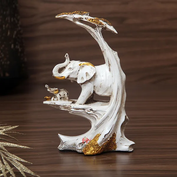 White_Elephant_With_Baby_Elephant_On_Tree_Figurine_For_Home_Dacor,_8_Inch
