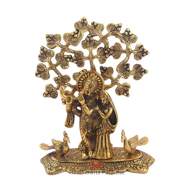 Golden_Radha_Krishna_Standing_With_2_Peacocks_Figurine,_8.25_Inch