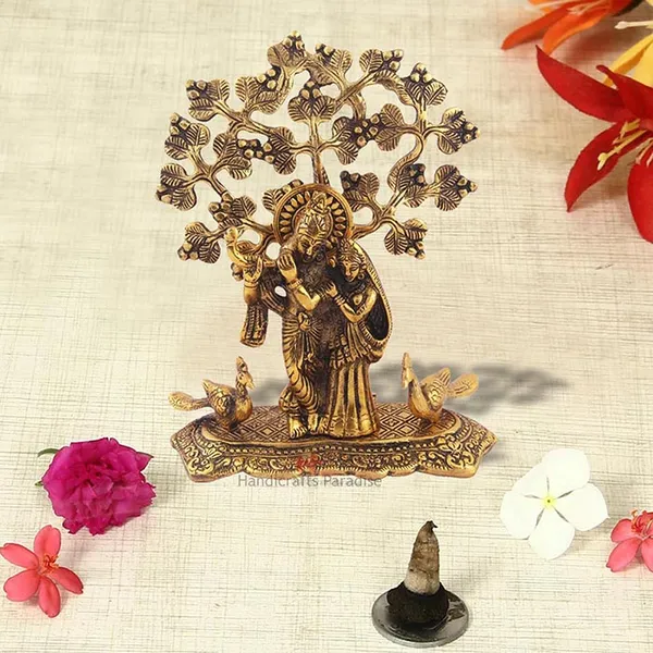 Golden_Radha_Krishna_Standing_With_2_Peacocks_Figurine,_8.25_Inch