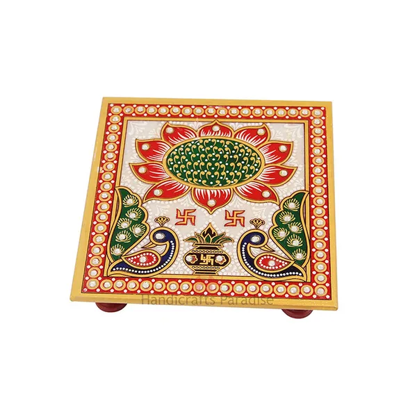 Multicolor_Puja_Chowki_In_Marble_With_Peacock_Design,_6_Inch