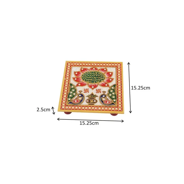 Multicolor_Puja_Chowki_In_Marble_With_Peacock_Design,_6_Inch