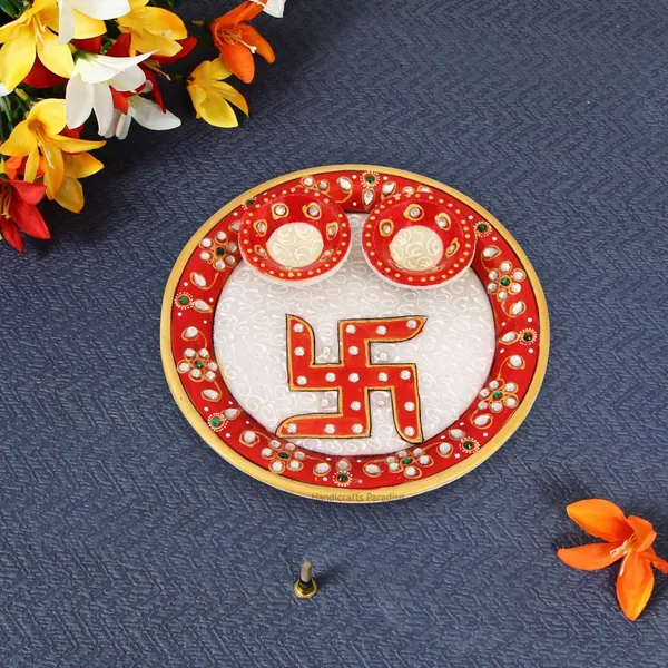 Red_Pooja_Thali_In_Marble_With_Swastik_In_Meena_Painted,_6_Iinch