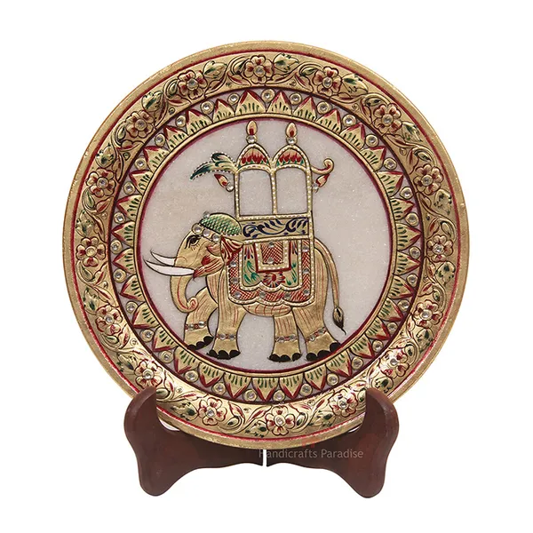 Golden_Ambari_Elephant_Emboss_Work_Marble_Plate_Showpiece_-_9_Inch