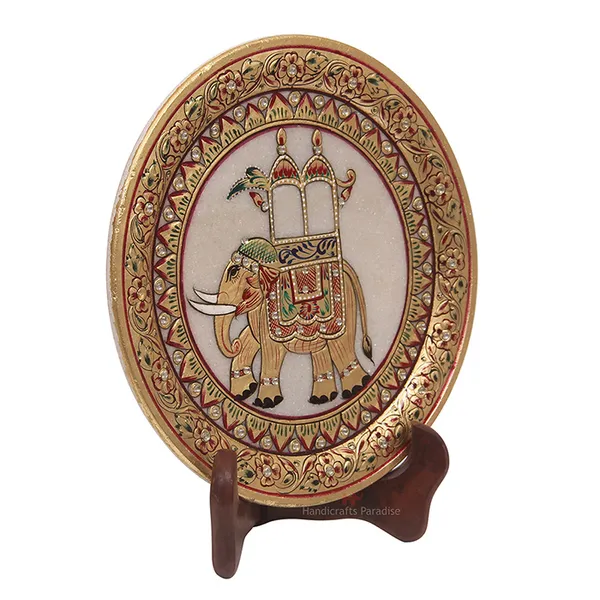 Golden_Ambari_Elephant_Emboss_Work_Marble_Plate_Showpiece_-_9_Inch