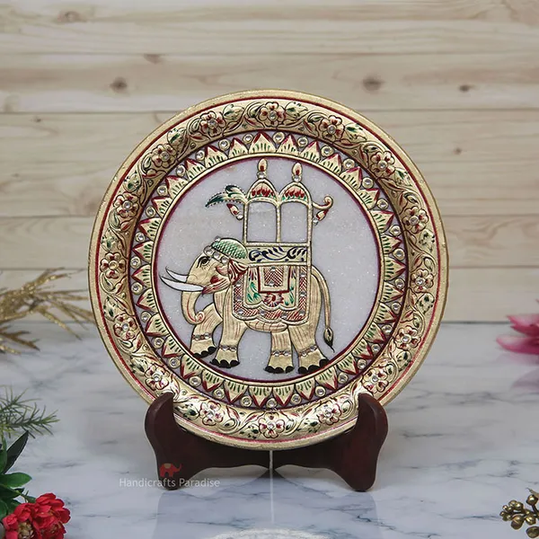 Golden_Ambari_Elephant_Emboss_Work_Marble_Plate_Showpiece_-_9_Inch