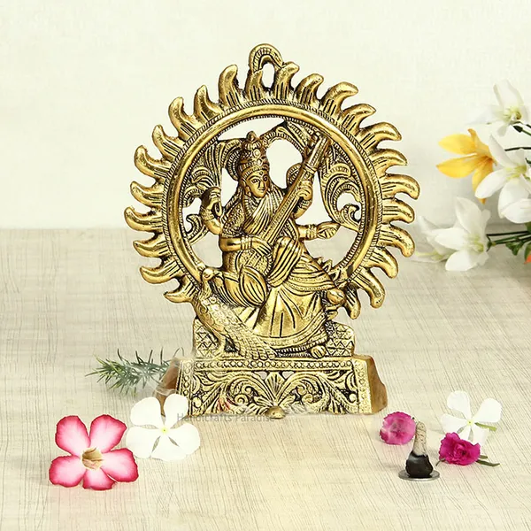 Golden_Metal_Goddess_Saraswati_Playing_Veena_With_A_Halo_Figurine,_8.5_Inch