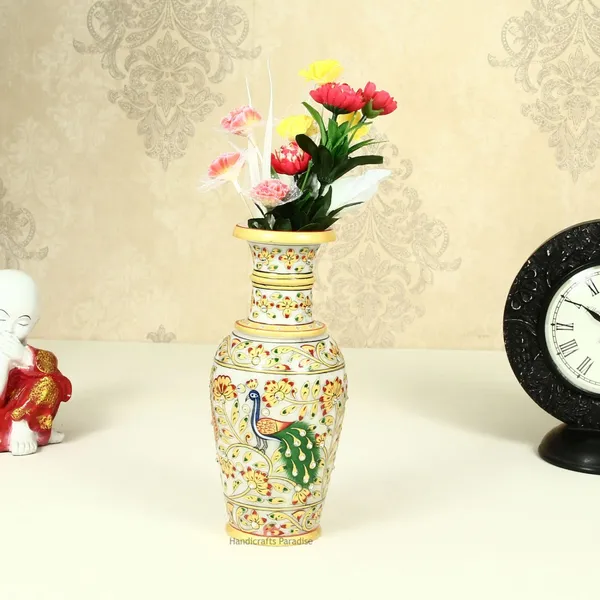 Multicolor_Flower_Vase_Carved_In_Marble_With_Beautiful_Peacock