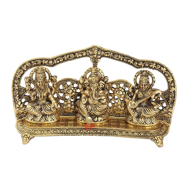 Golden_Metal_Ganesha_Lakshmi_And_Saraswati_Figurine,_5.25_Inch