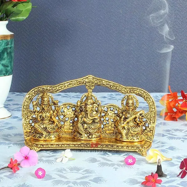 Golden_Metal_Ganesha_Lakshmi_And_Saraswati_Figurine,_5.25_Inch