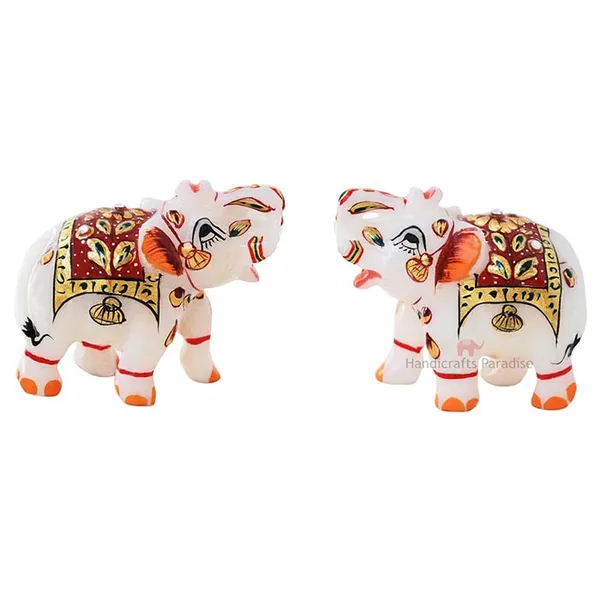 White_Gold_Embossed_Marble_Elephant_Showpiece,_2_Inch-_Set_Of_2