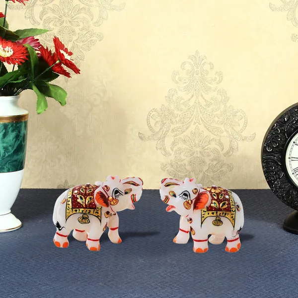 White_Gold_Embossed_Marble_Elephant_Showpiece,_2_Inch-_Set_Of_2