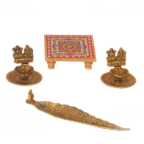 Golden_Marble_Chowki,_Incense_Holder_And_2_Metal_Diyas_(Set_Of_4)