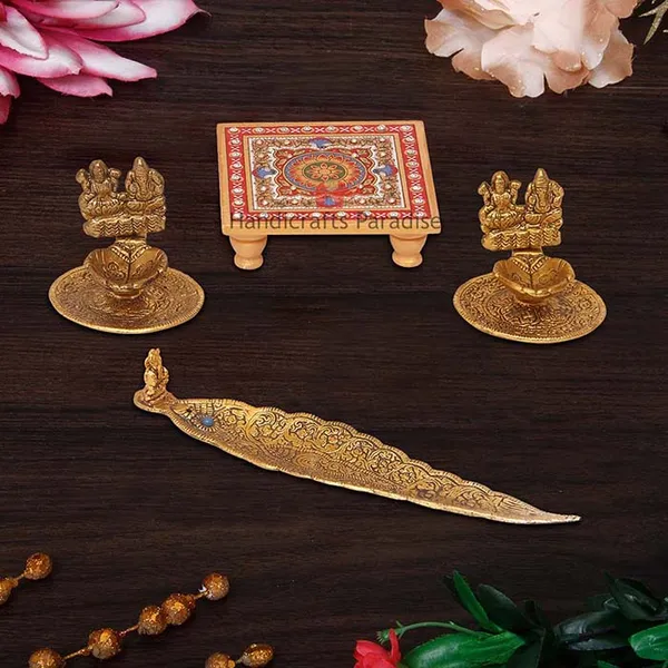 Golden_Marble_Chowki,_Incense_Holder_And_2_Metal_Diyas_(Set_Of_4)