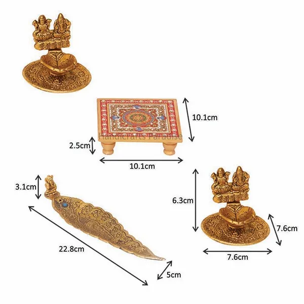Golden_Marble_Chowki,_Incense_Holder_And_2_Metal_Diyas_(Set_Of_4)