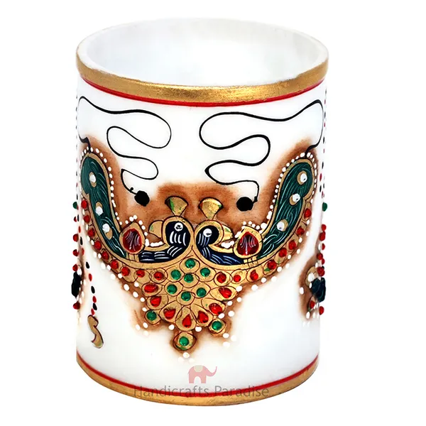 White_Marble_Jewellery_Motif_Pen_Holder_With_Intricate_Design