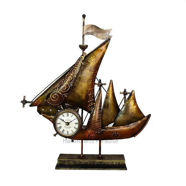 Rust_Golden_Wrought_Iron_Ship_Table_Clock_Showpiece_For_Home_Decor,_19.5_Inch