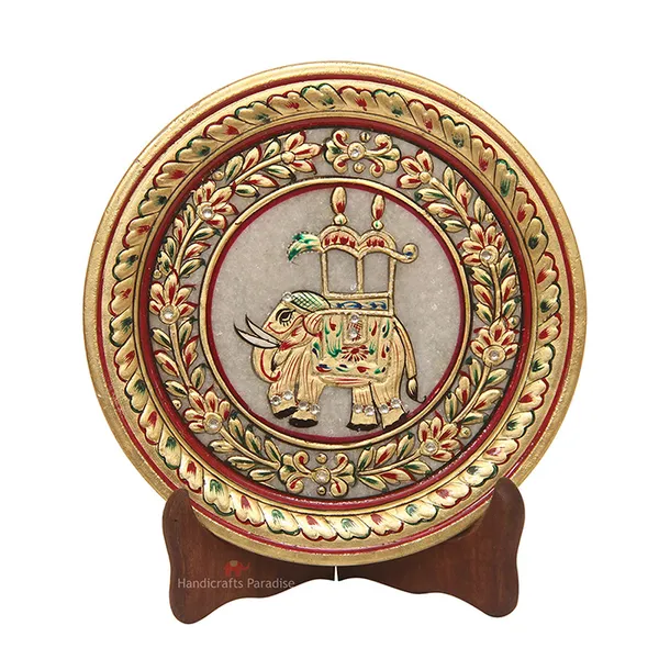 Multicolor_Ambari_Elephant_Painted_Marble_Round_Plate_Showpiece_-_7_Inch