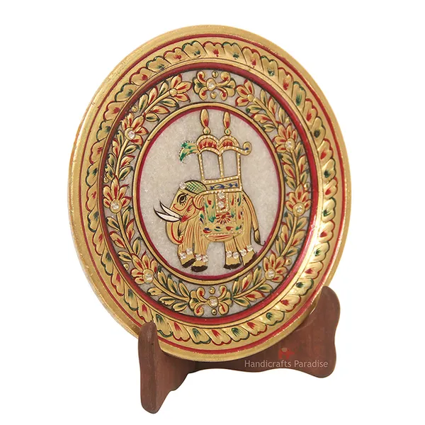 Multicolor_Ambari_Elephant_Painted_Marble_Round_Plate_Showpiece_-_7_Inch