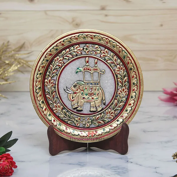 Multicolor_Ambari_Elephant_Painted_Marble_Round_Plate_Showpiece_-_7_Inch