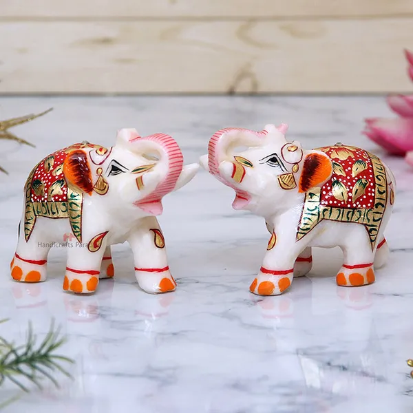 White_Marble_Elephants_With_Red_Emboss_Painted_,_2.75_Inch_(Set_Of_2)