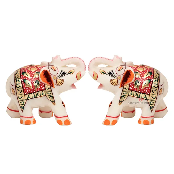 White_Marble_Elephants_With_Red_Emboss_Painted_,_2.75_Inch_(Set_Of_2)