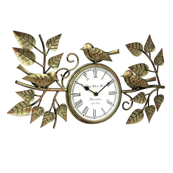 Golden_Wrought_Iron_Birds_And_Leaves_Pattern_Wall_Clock,_10_Inch