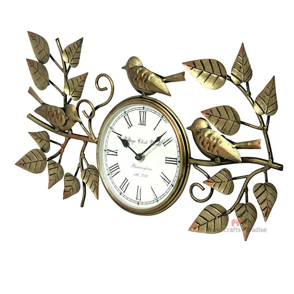 Golden_Wrought_Iron_Birds_And_Leaves_Pattern_Wall_Clock,_10_Inch