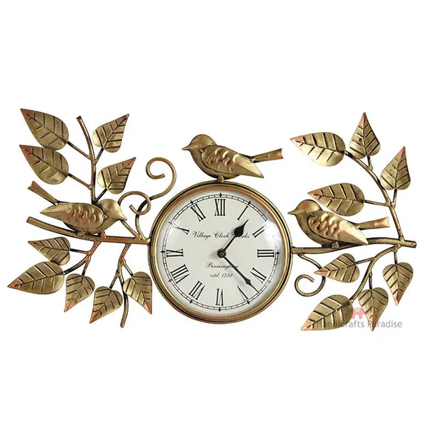 Golden_Wrought_Iron_Birds_And_Leaves_Pattern_Wall_Clock,_10_Inch