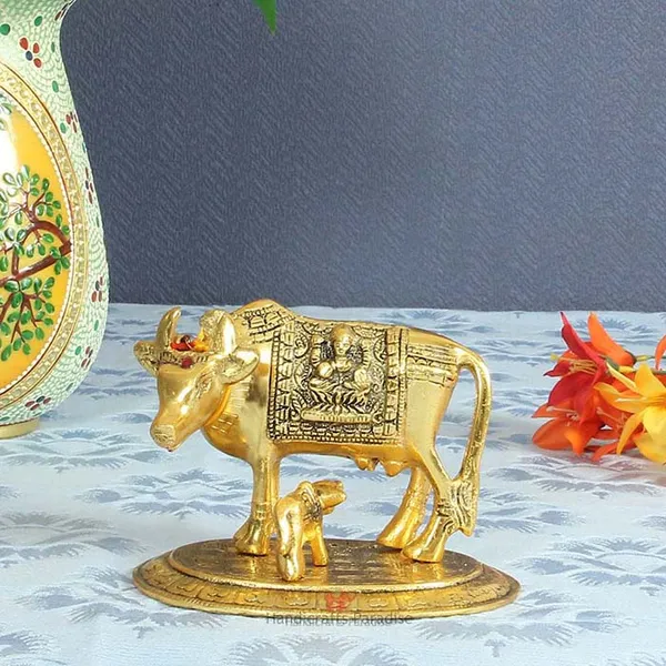 Golden_Metal_Cow_With_Baby_Figurine_For_Home_Decor,_4.5_Inch