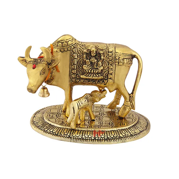 Golden_Metal_Cow_With_Baby_Figurine_For_Home_Decor,_4.5_Inch