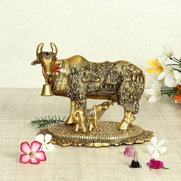Golden_Metal_Cow_With_Baby_Sculpture_Showpiece,_7.5_Inches