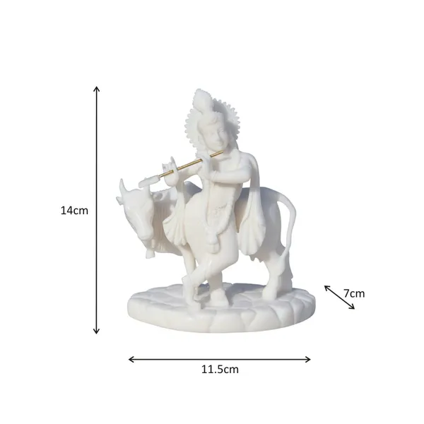 White_Carved_In_Resin_Krishna_With_Cow,_5.5_Inch