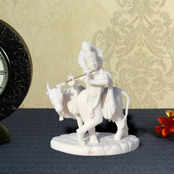 White_Carved_In_Resin_Krishna_With_Cow,_5.5_Inch
