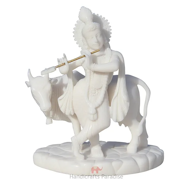 White_Carved_In_Resin_Krishna_With_Cow,_5.5_Inch