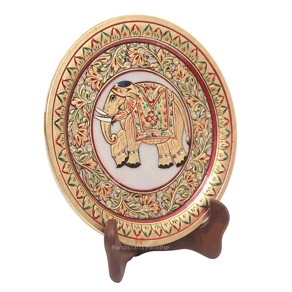 Golden_Elephant_Painted_Emboss_Work_Marble_Plate_Showpiece_-_9_Inch