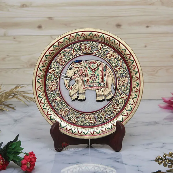 Golden_Elephant_Painted_Emboss_Work_Marble_Plate_Showpiece_-_9_Inch