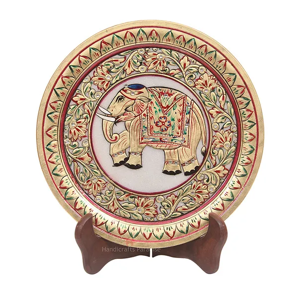 Golden_Elephant_Painted_Emboss_Work_Marble_Plate_Showpiece_-_9_Inch