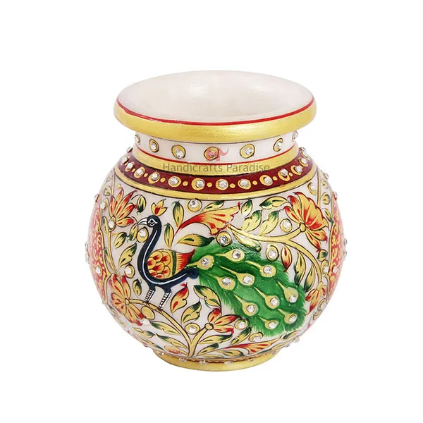 Golden_Round_Flower_Pot_In_Marble_With_Peacock_Painted