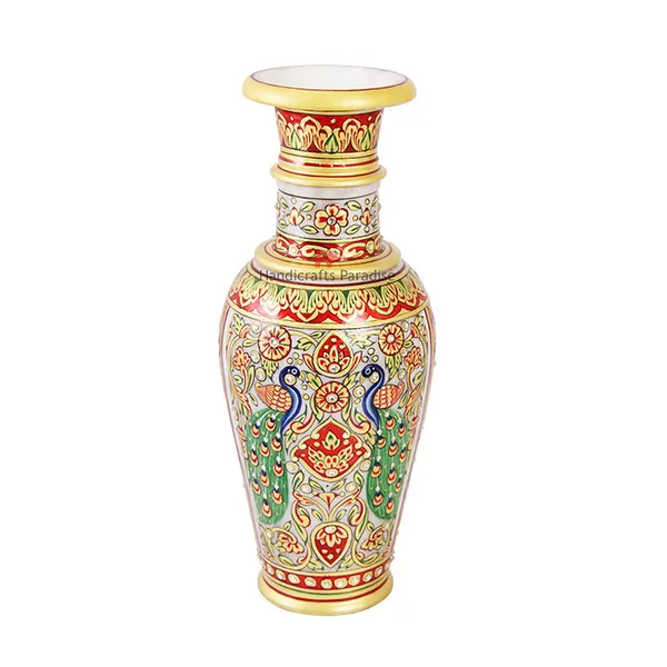 Golden_Flower_Vase_Carved_In_Marble_With_Double_Peacock