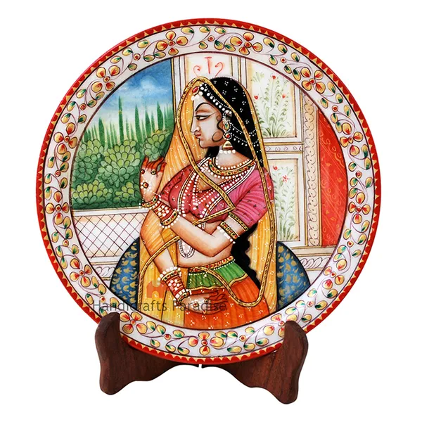 Multicolor_Lady_Figure_Painted_Round_Shaped_Plate_With_Stand,_9_Inch