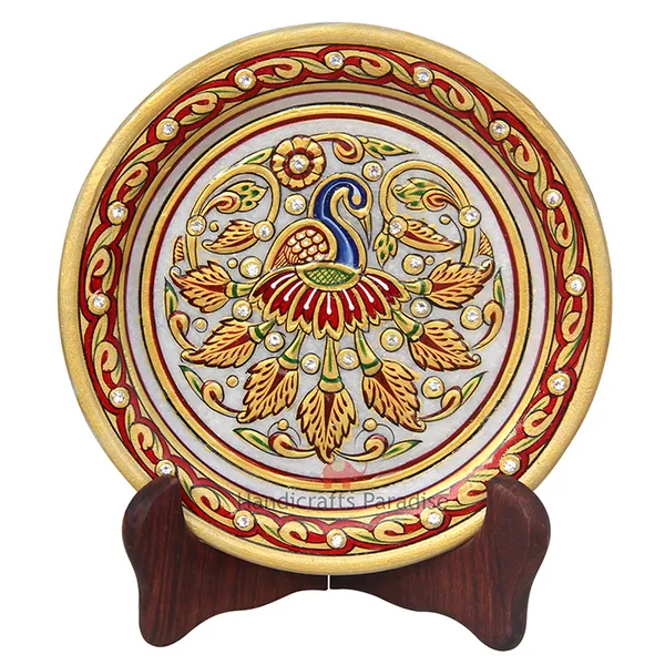 Golden_Peacock_Design_Round_Shape_Marble_Showpiece_Plate_With_Stand,_6_Inch