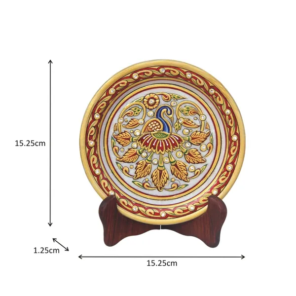 Golden_Peacock_Design_Round_Shape_Marble_Showpiece_Plate_With_Stand,_6_Inch