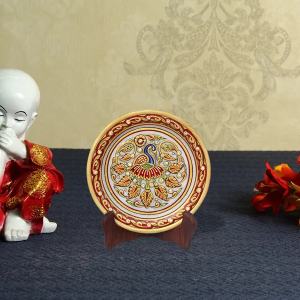 Golden_Peacock_Design_Round_Shape_Marble_Showpiece_Plate_With_Stand,_6_Inch
