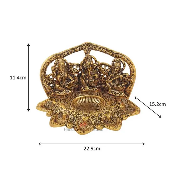 Golden_Metal_Lakshmi,_Ganesh_And_Saraswati_Seated_Figurine_Diya,_4.5_Inch