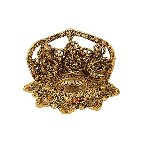 Golden_Metal_Lakshmi,_Ganesh_And_Saraswati_Seated_Figurine_Diya,_4.5_Inch
