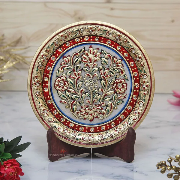 Multicolor_Floral_Emboss_Painted_Marble_Round_Plate_Showpiece_-_7_Inch
