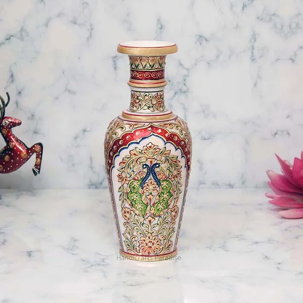 Multicolor_Marble_Flower_Pot_With_Double_Peacock_Painting_For_Home_Dacor_-_12_Inch