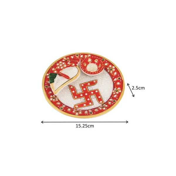 Red_Pooja_Thali_With_Shankh_And_Katori_Painted_In_Meena,_6_Inch
