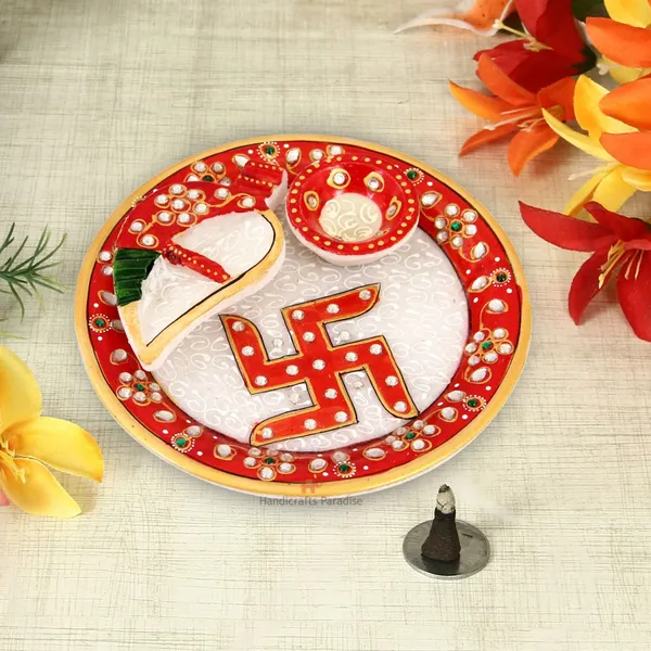 Red_Pooja_Thali_With_Shankh_And_Katori_Painted_In_Meena,_6_Inch